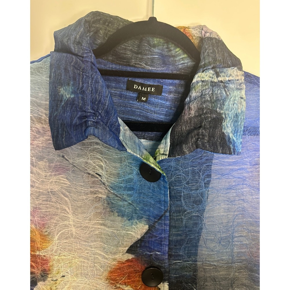 Damee Abstract Art to Wear Sheer Textured Button Up Jacket Topper Blue Medium - Picture 6 of 12